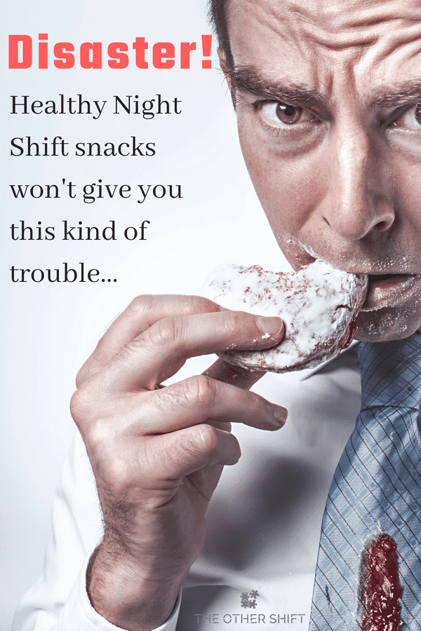 10 Healthy Night Shift Snacks Which Actually Taste Good- Man eating dounut, jam on tie - The Other Shift