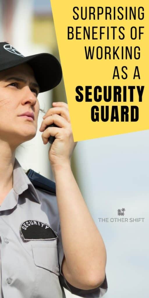Female security guard talking on walkie talkie
